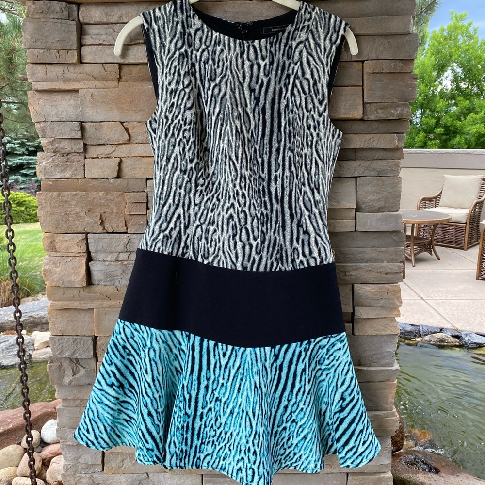 BCBGMaxAzria Leopard Color Block Dress In turquoise, gray and black